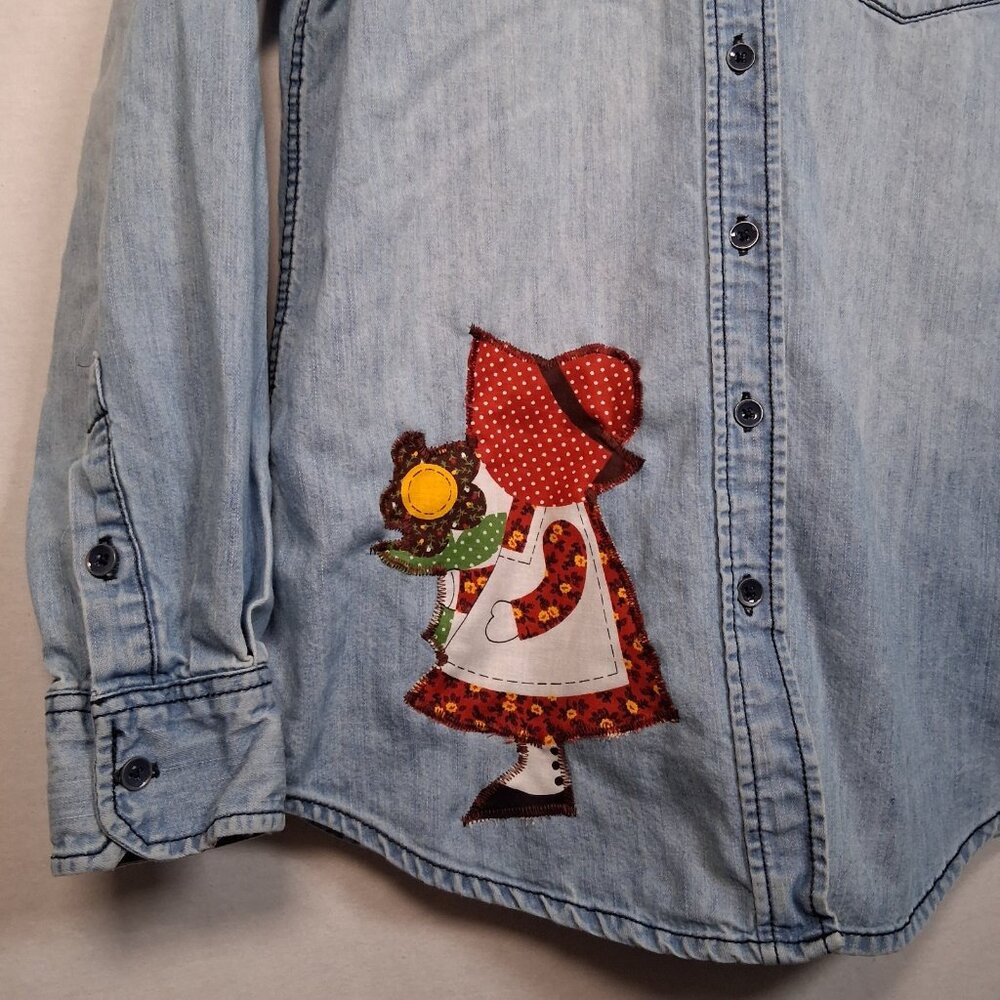 Reworked Chambray Denim Shirt Small Farm Rooster Calico Cottagecore Farmer - Picture 8 of 16
